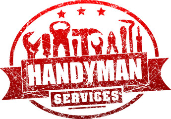 Handyman services red, vector grunge rubber stamp for your logo or emblem with banner and set of workers tools. There are wrench, screwdriver, hammer, pliers, soldering iron, scrap.