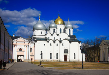 Fototapeta na wymiar Saint Sophia Cathedral - the main Orthodox church in Veliky Novgorod, created in the years 1045-1050 in Veliky Novgorod.