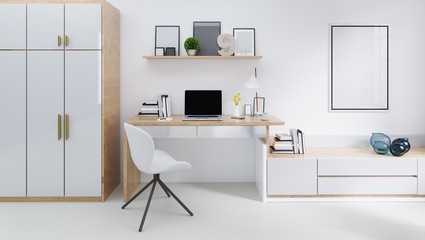 Modern room with  laptop computer on a desk,  home office workspace