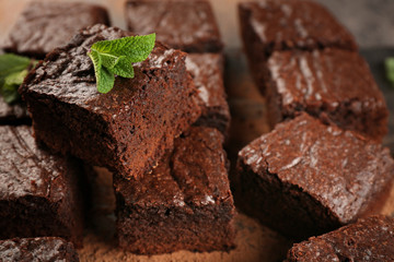 Pieces of delicious chocolate cake, closeup