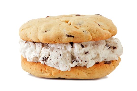 Single ice cream sandwich with homemade cookies isolated on a white background