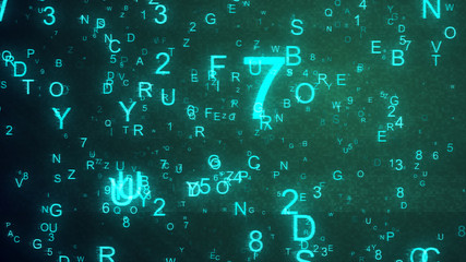 Alphabet letters and numbers randomly thrown in space creating an abstract digital background with...