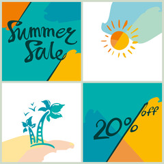 Summer Sale.20%. Bright squares with text, palm trees and sun information poster. 
