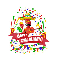 Cinco de Mayo. Merry Holiday. An inscription with a desire for happiness on the tape. Sombrero, guitar, confetti , flags, maracas and red peppers. illustration