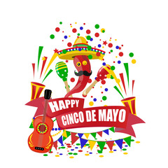 Obraz na płótnie Canvas Cinco de Mayo. An inscription with a desire for happiness on the tape. Sombrero, guitar, confetti , flags, maracas and red peppers, crackers. illustration
