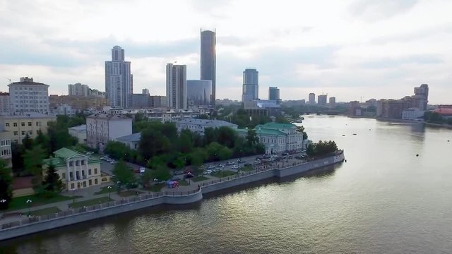 Aerial Yekaterinburg city center skyline and Iset river. Ekaterinburg is the fourth largest city in Russia and the centre of Sverdlovsk Oblast. Aerial view to the central part of Yekaterinburg, view