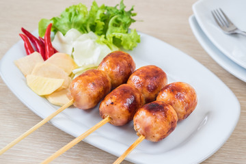 Thai sausages with vegetable on plate, Thai food