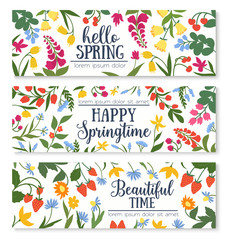 Fototapeta na wymiar Spring floral banner with flower and berry frame