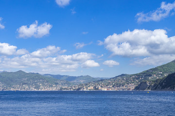 Fototapeta na wymiar Ligurian coast and Camogli seen from Punta Chiappa, Liguria, Italy