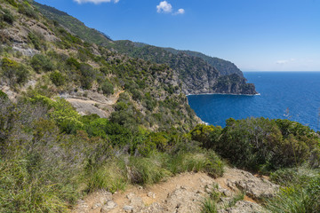 Mediterranean seascape with Cala dell'Oro seen from Tigullio promontory hiking trail, Liguria, Italy