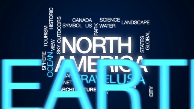 North America animated word cloud, text design animation.