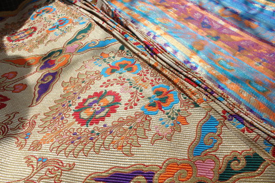 Traditional Tibetan Chinese Golden Brocade Cloth Material from Qinghai
