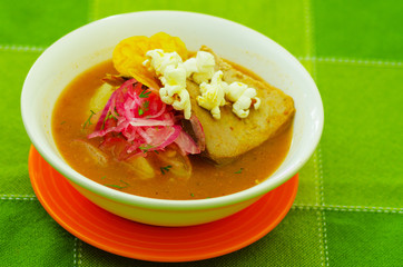 Delicious encebollado fish stew from Ecuador traditional food national dish closeup