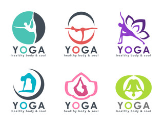 Yoga logo with abstract human playing yoga posture vector set design