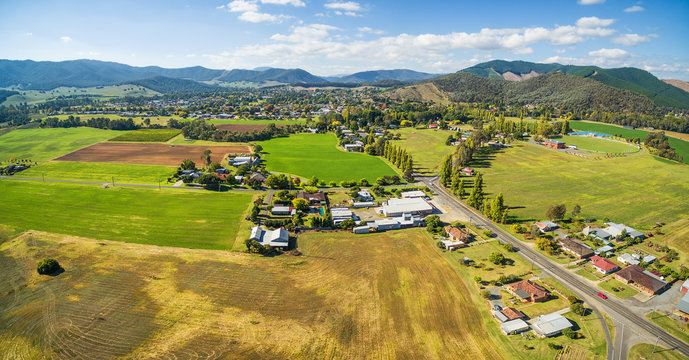 Agricultural fields in Australian countryside aerial panorama. Myrtleford, Victoria, Australia