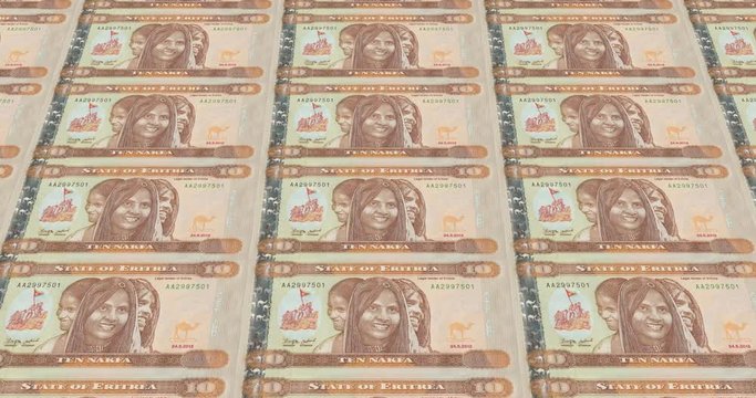 Banknotes of ten eritrean nakfa rolling, cash money, loop
