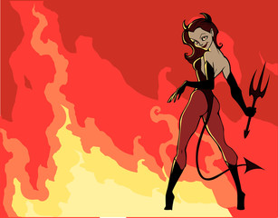 Halloween illustration od a woman wearing devil costume on the fire background