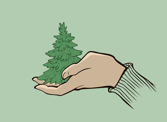 Cartoon illustration of a human hand holding a green fir tree