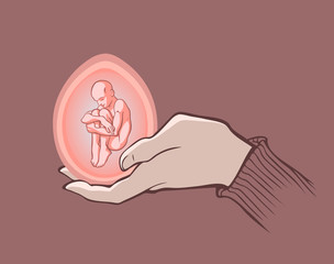 Cartoon illustration of a human hand holding an egg with a person inside