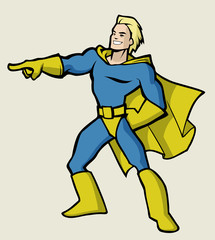 Cartoon illustration of a classic superhero wearing a cape
