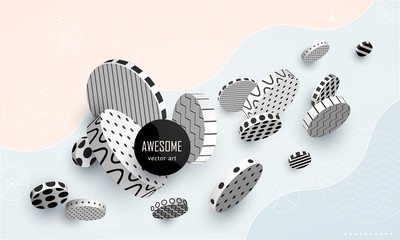Dynamic decorative 3D circles with ornament . Black and white geometric volumetric shapes fly on a colored pastel background. Abstract poster in cold fresh tones. Concept style. Vector illustration 