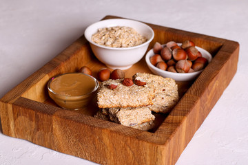 oat bars granola with hazelnuts and peanut butter, healthy snack