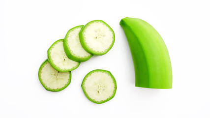 Green banana on white background.