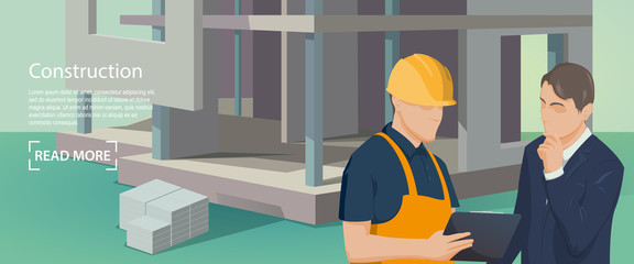 Banner construction. Construction and building design. Builder speaks with client. Vector Illustration