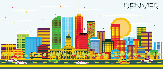 Obraz premium Denver Skyline with Color Buildings and Blue Sky.