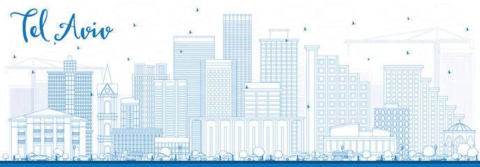 Outline Tel Aviv Skyline with Blue Buildings.