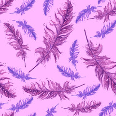 Seamless pattern with a vintage bird feather pattern. Pink background, splash of paint, fashion illustration. Manual graphics