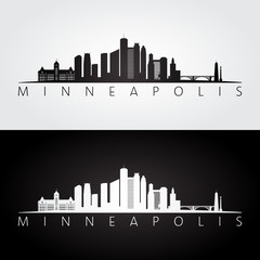 Minneapolis USA skyline and landmarks silhouette, black and white design.