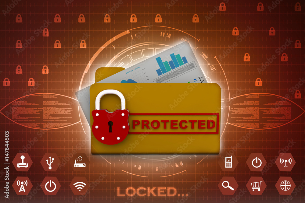 Poster yellow folder and lock. data security concept. 3d rendering