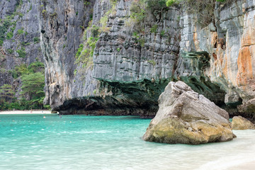 Stone and cliff on seashore in maya bay