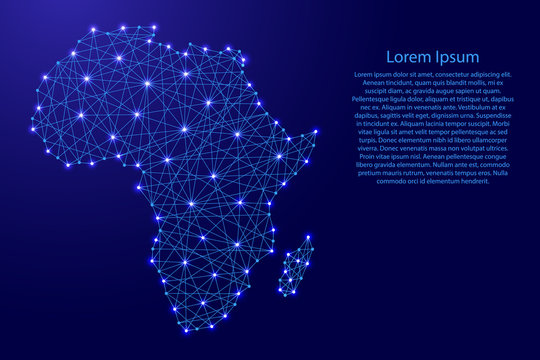 Map of Africa from polygonal blue lines and glowing stars vector illustration