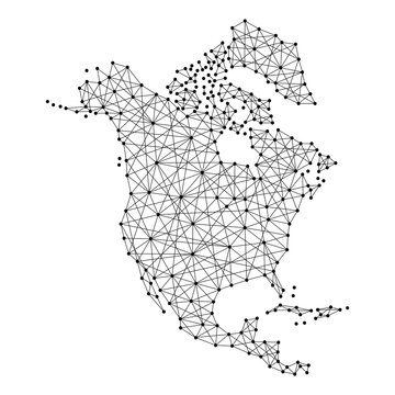 Map of North America from polygonal black lines and dots of vector illustration