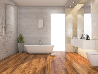 3d rendering wood bright bathroom and shower with modern decor
