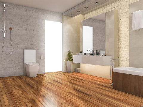 3d rendering wood bright bathroom with modern decor