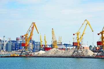 Bulk cargo ship under port crane