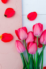 Pink tulips on white beige stone background. Top view. Copy space. Greeting card