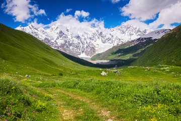Fototapeta premium Alpine landscape with mountains and lawns.