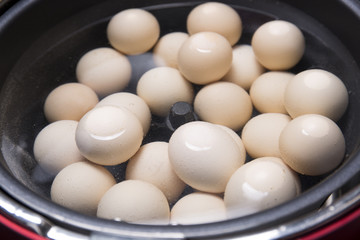 Ready to boil eggs in stainless steel pan.
