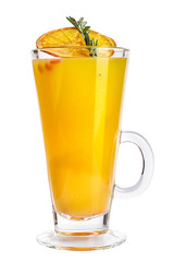 Mulled wine in a glass with a slice of dry orange, rosemary and sea-buckthorn. Hot warming drink.