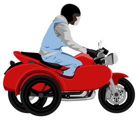 Color classic sidecar motorcycle with rider wearing sleeveless jeans jacket, hoodie, black leather gloves and helmet side view isolated on white vector illustration