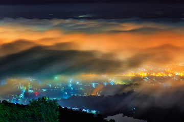 Misty morning with colorful light view from aerial,Beautiful cityscape in Thailand