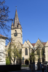 Fototapeta na wymiar Evangelical, Cathedral, Piata Huet, Sibiu, Transylvania, Romania, facade, old, church, bell tower