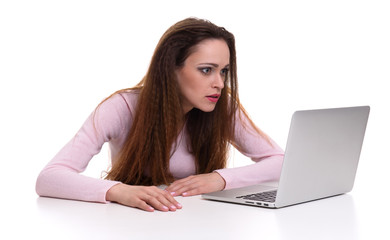 woman looking at her laptop. Isolated