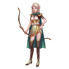 Cool Character: She Elf Archer isolated on White Background. Video Game's Digital CG Artwork, Concept Illustration, Realistic Cartoon Style Background and Character Design
