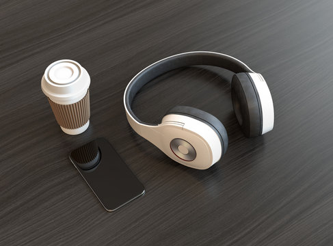 Wireless headphone and smart phone on dark wooden table. 3D rendering image.