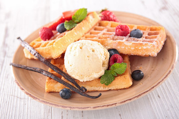 waffle with fruit and ice cream